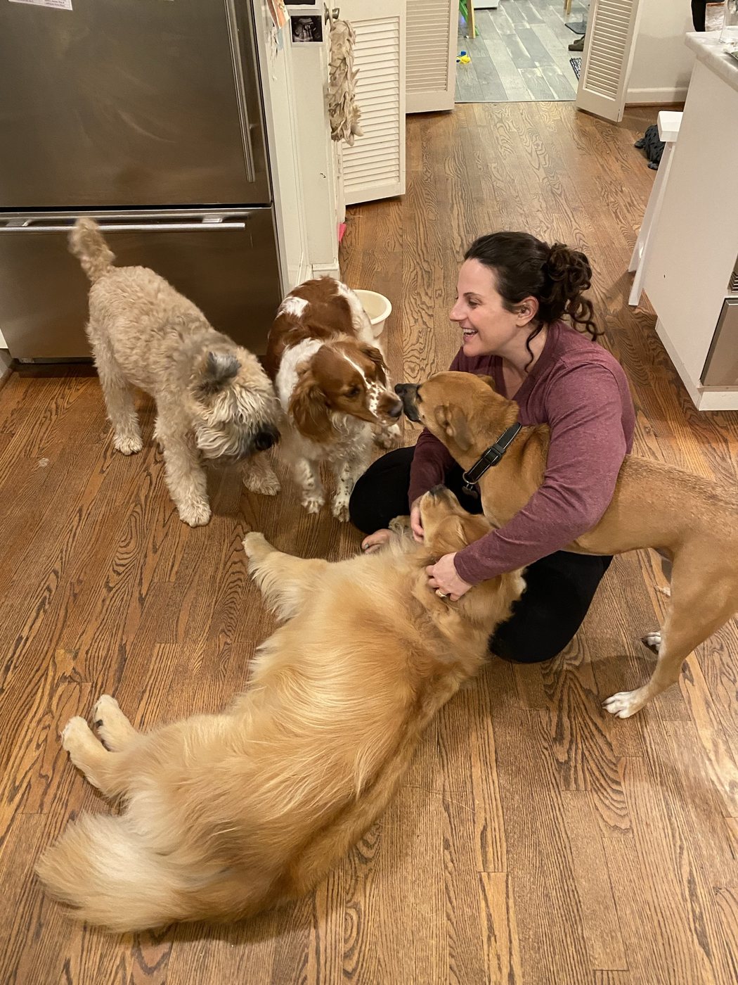 Emelie sitting on the floor at home with two dogs